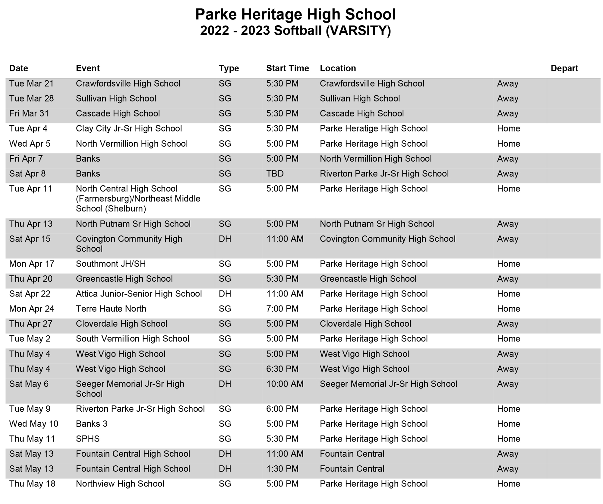 softball schedule