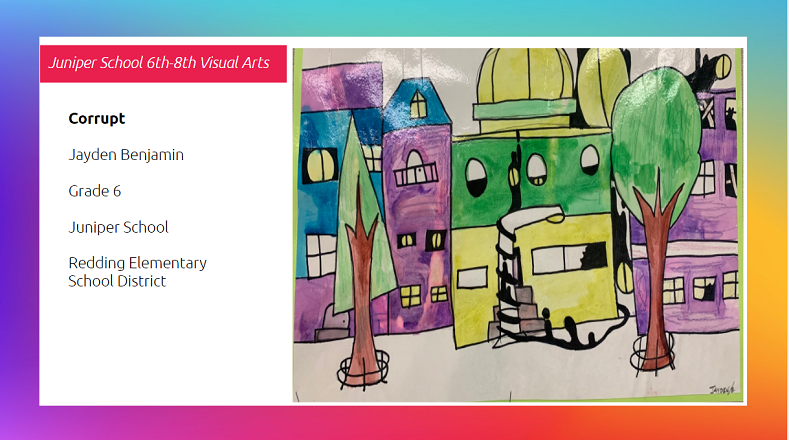 Painting of city buildings.