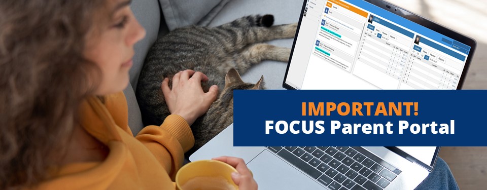 Parent sitting on the couch looking at the FOCUS Parent Portal.